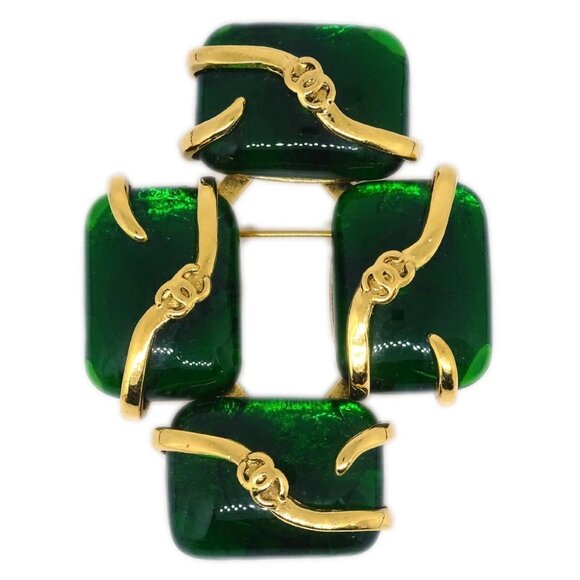 Chanel Gripoix Brooch Pin Gold Green - Picture 1 of 4